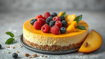 Delicious fruit-topped cheesecake with vibrant mango glaze and assorted berries on a rustic gray background photo