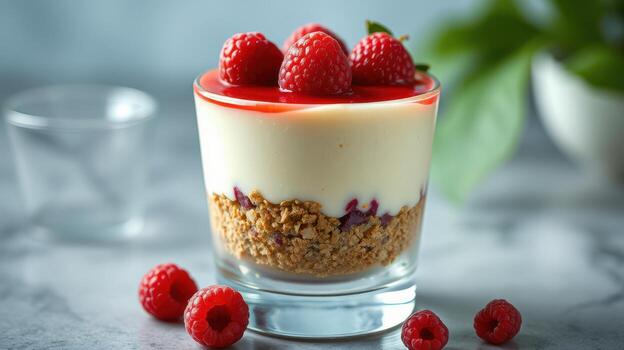 Delicious raspberry parfait with creamy layers and crunchy base served in a glass photo