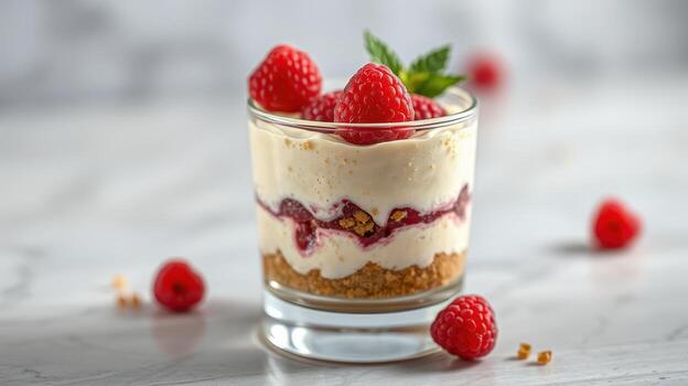 Delicious raspberry dessert layered with cream and graham cracker crust served in a clear glass photo