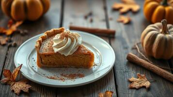 Pumpkin pie with whipped cream and autumn decorations on a rustic wooden table photo