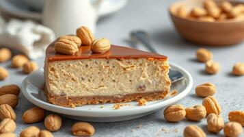 Delicious dessert featuring creamy layer cake topped with caramel and surrounded by nuts photo