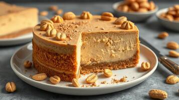 Delicious dessert featuring a creamy nut-flavored cake topped with nuts and scattered snacks around the plate photo