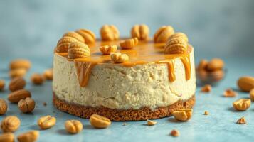 Delicious creamy peanut butter cheesecake with a glossy caramel drizzle and crunchy peanuts arranged decoratively photo