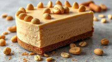 Delicious creamy dessert topped with nuts placed on a light surface during daylight photo