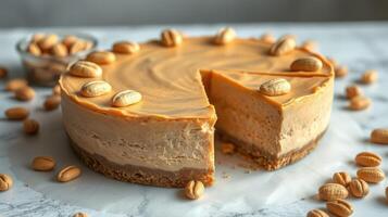 Delicious dessert featuring creamy peanut butter cheesecake with a slice taken out, surrounded by scattered peanuts on marble surface photo