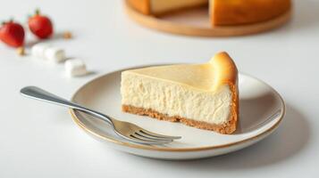 Creamy cheesecake slice served on a white plate with a fork, garnished with strawberries and sugar cubes photo
