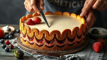 Expert baker decorates a vibrant layered cake with fresh fruits at a cozy kitchen setting during the afternoon photo