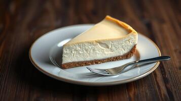 Delicious cheesecake slice served on a white plate with a fork, showcasing creamy texture and golden crust photo