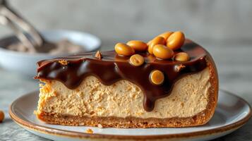 Delectable chocolate and peanut butter cheesecake with a smooth topping, perfect for dessert photo