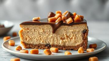 Delicious slice of caramel cheesecake topped with chocolate and caramel pieces served on a decorative plate photo