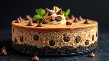 Decadent chocolate chip cheesecake with an Oreo crust and cream topping in a dark setting photo