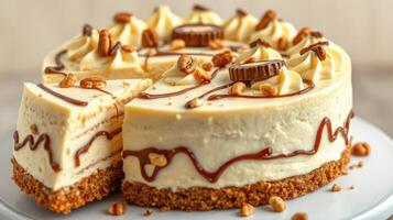 Deliciously crafted cheesecake with caramel drizzle and chocolate toppings served at a dessert shop photo