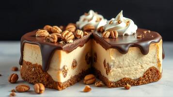 Decadent chocolate-coated cheesecake with nuts and cream on a marble counter photo