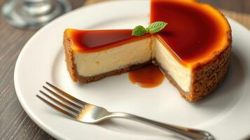 Creamy caramel cheesecake served on a plate with a fork at a cozy cafe setting photo