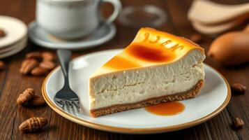 Delicious cheesecake slice served on a plate with a fork and coffee in a cozy setting photo