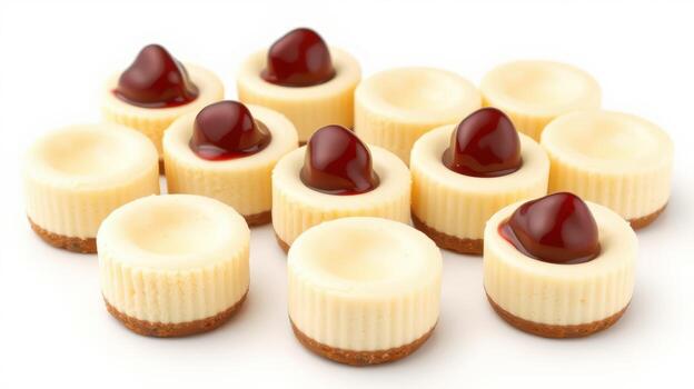 Mini cheesecake bites topped with cherry sauce arranged beautifully on a white background photo