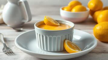 Creamy lemon dessert in a bowl with fresh lemon slices on a rustic table photo