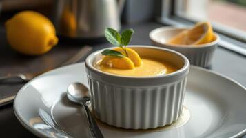 Lemon dessert garnished with mint resting on a table near a window during a cozy afternoon photo