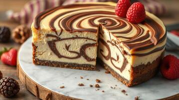 Indulgent swirled cheesecake with chocolate and raspberry toppings on a marble platter photo