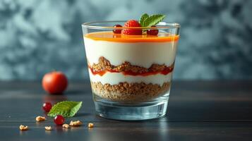 Layered dessert with fruit, yogurt, and granola served in a clear glass container on a wooden table photo