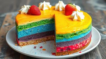 Colorful layered cake served on a plate with strawberries and whipped cream after being partially sliced photo