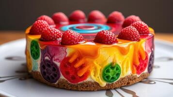 Colorful fruit jelly cake topped with fresh raspberries arranged on a decorative plate photo