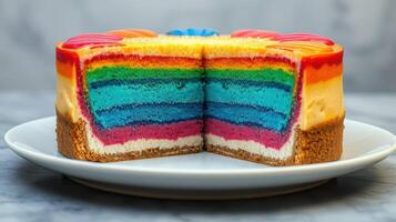 Colorful layered cake with vibrant rainbow design served on a white plate photo