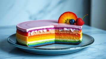 Colorful rainbow layered cake with fresh fruit on a plate beside a marble surface photo