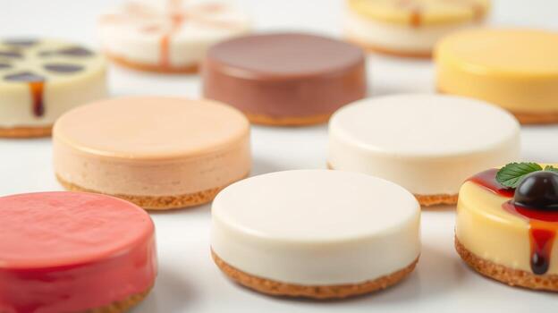 Various colorful dessert cheesecakes beautifully arranged on a flat surface, showcasing different flavors and toppings photo