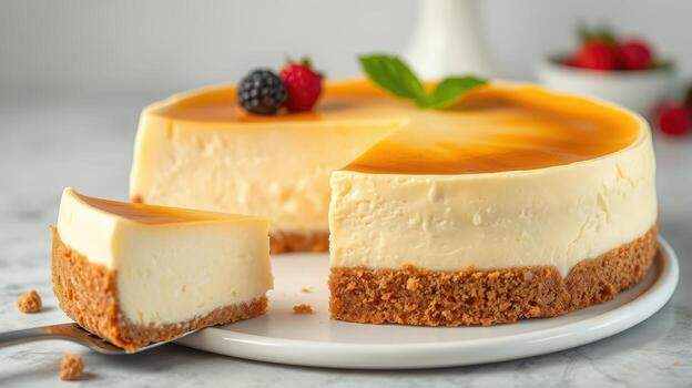 Creamy cheesecake with a graham cracker crust and fresh berries served on a white plate in a bright kitchen setting photo