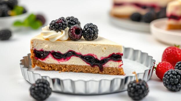 Indulgent berry cheesecake slice garnished with fresh berries on a minimalistic table photo