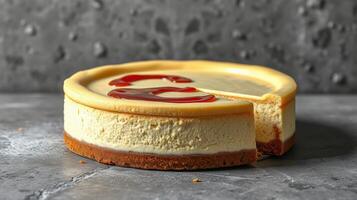 Delicious cheesecake with a raspberry swirl on a textured stone background photo