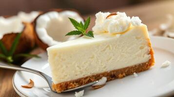 Delicious coconut cheesecake served on a white plate with a fork and garnished with mint leaves photo