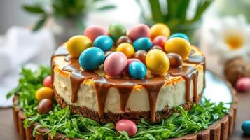 Delicious Easter cake topped with colorful chocolate treats and creamy drizzle in a festive setting photo