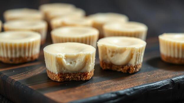 Mini cheesecake bites with graham cracker crust arranged on a wooden board ready for dessert serving photo