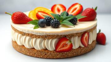 Indulgent dessert featuring assorted fruits and creamy layers on a textured crust photo