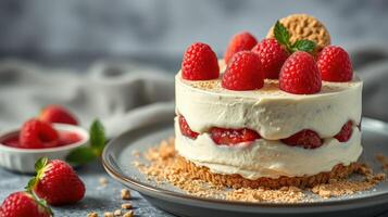 Delicious layered raspberry cheesecake displayed on a dark plate surrounded by fresh raspberries on a textured table photo