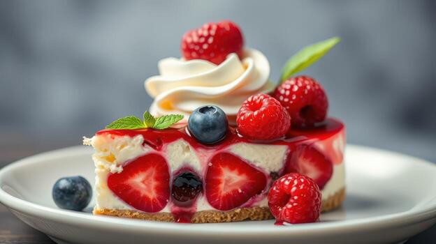 Delicious dessert featuring fresh berries and creamy frosting on a graham cracker crust served on a white plate photo