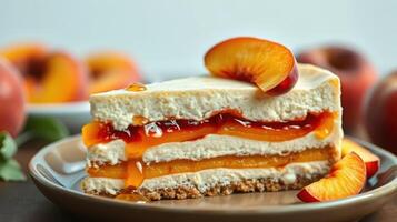 Delicious peach layered dessert served on a plate with fresh peach slices, perfect for warm summer gatherings photo