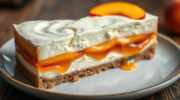 Delicious layered dessert featuring creamy filling and fresh peach slices on a wooden table photo