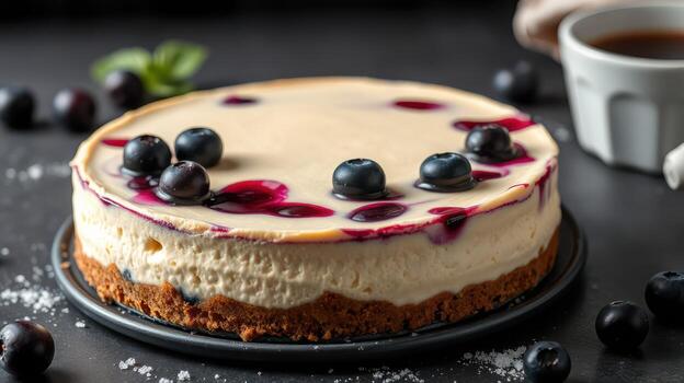 Delicious blueberry cheesecake with creamy filling and a graham cracker crust on a black table with coffee photo