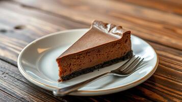 Delicious chocolate cheesecake slice served on a white plate with a stainless steel fork on rustic wooden table photo