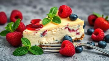 Delicious cheesecake slice topped with raspberry and blueberry garnishes on a textured gray surface photo