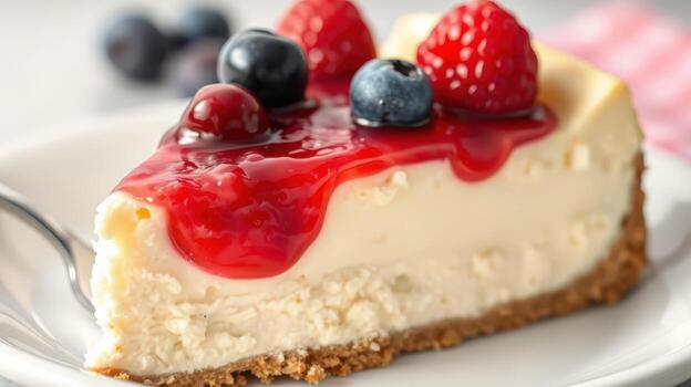 Delicious cheesecake slice topped with vibrant berries and a glossy red sauce photo