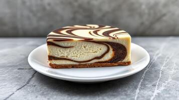 Decadent dessert slice showcasing rich marbled cheesecake on a simple white plate photo