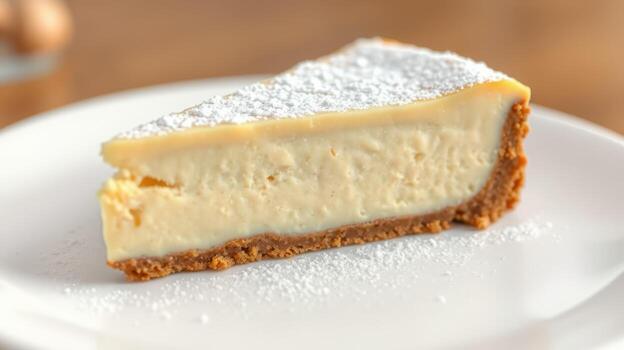 Creamy cheesecake slice with a graham cracker crust topped with powdered sugar photo