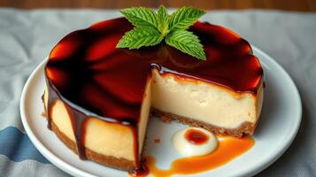 Creamy cheesecake with caramel topping displayed on a plate with mint garnish in a cozy dining setting photo