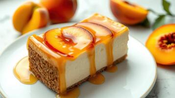 Delicious dessert featuring cheesecake topped with fresh peach slices and caramel drizzle on a marble table photo