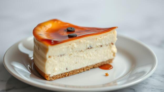 Creamy caramel dessert with a graham cracker crust served on a white plate photo