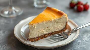 Creamy cheesecake slice served on a vintage plate with a fork beside it photo